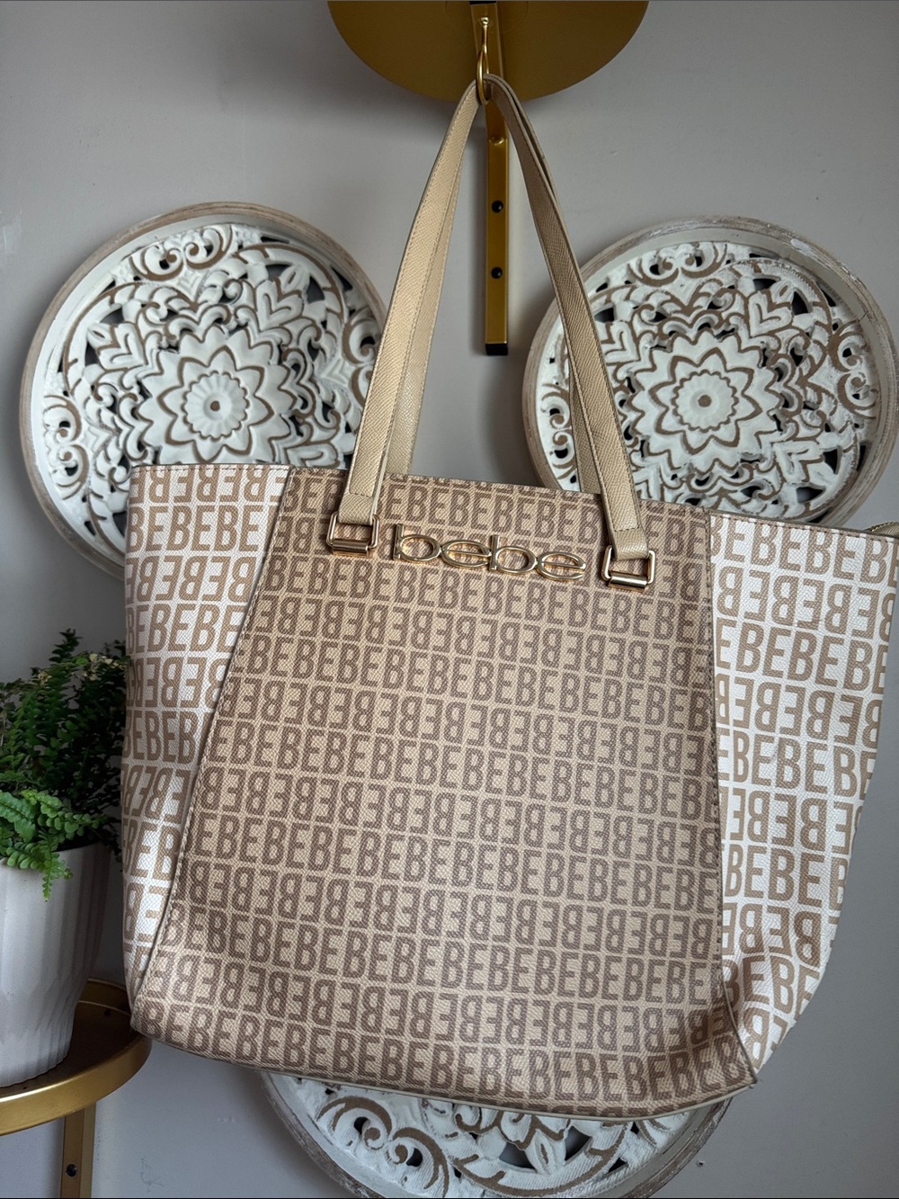 bebe Beige Monogram Tote with Gold Hardware